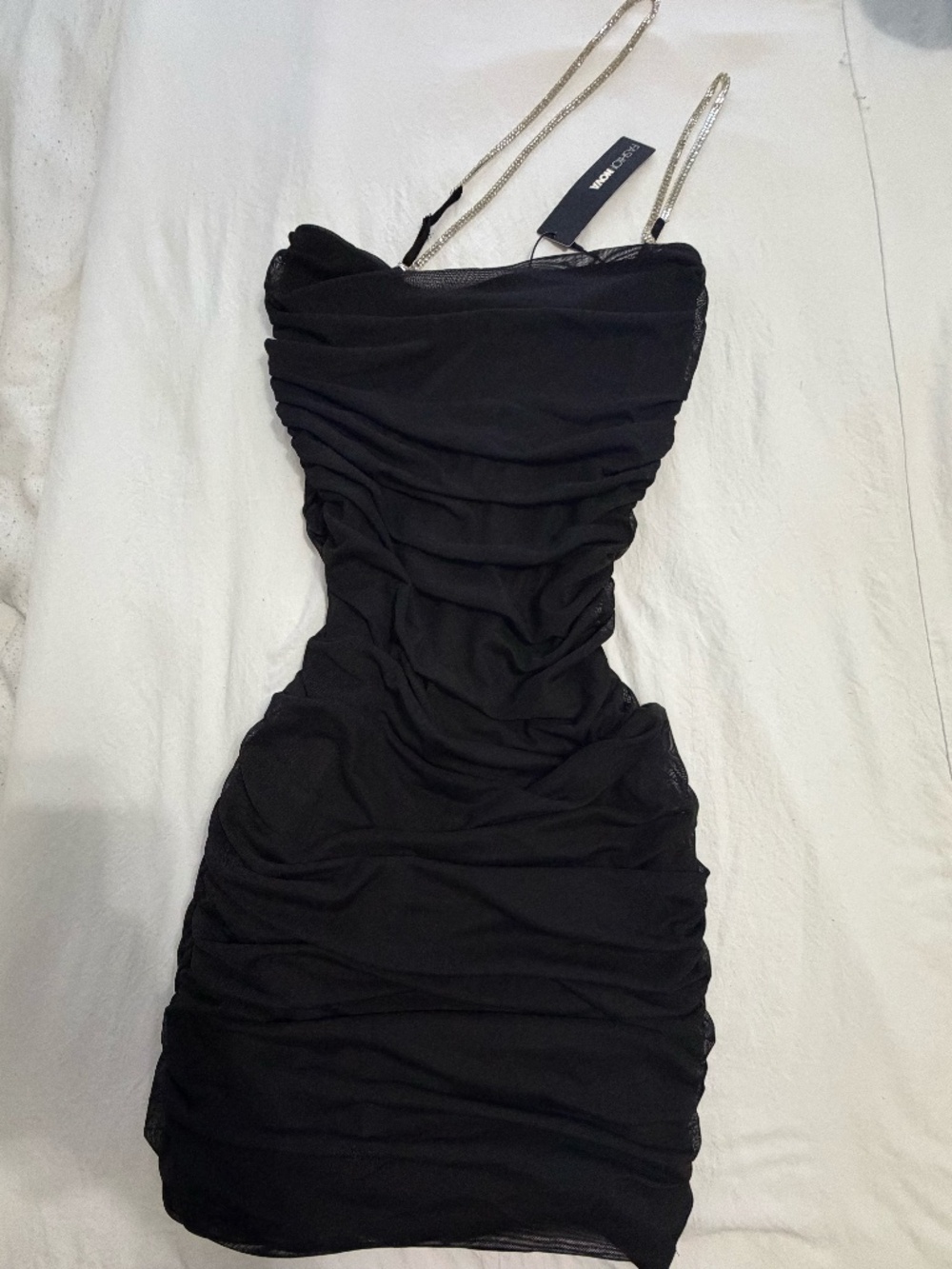 Fashion Nova Black Ruched Mini Dress with Rhinestone Straps